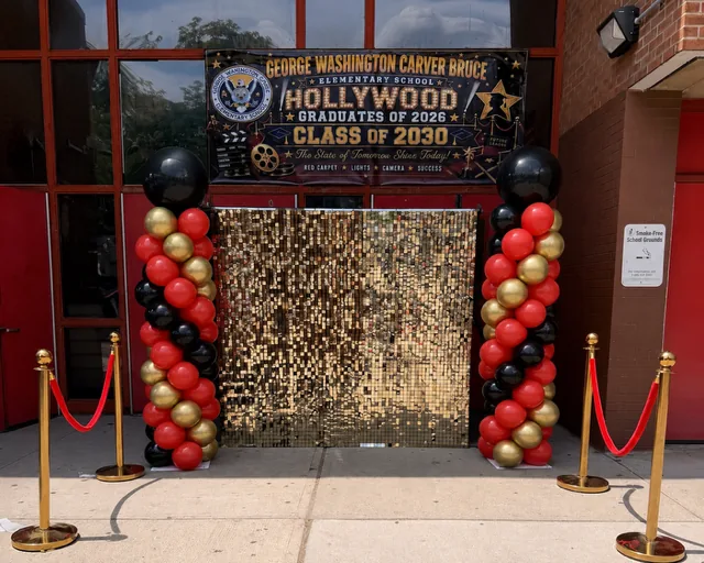 Red black and gold Hollywood school event balloon columns
